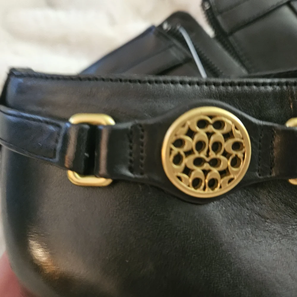 Coach Black Leather Ankle Boots with Gold Accents - Picture 2 of 8